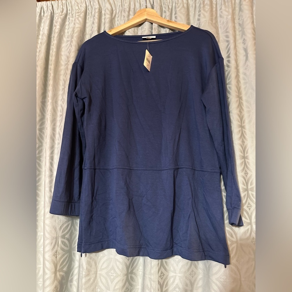 J. Jill Pure Jill Fleece Boat Neck Tunic Top Sz Small Petite Blue Zip Sides NEW